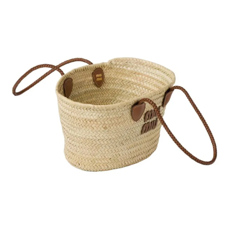 MIU MIU Wicker Tote Bag, Shopping Bag, Shoulder Bag, Handbag Women's Natural/Cognac-6