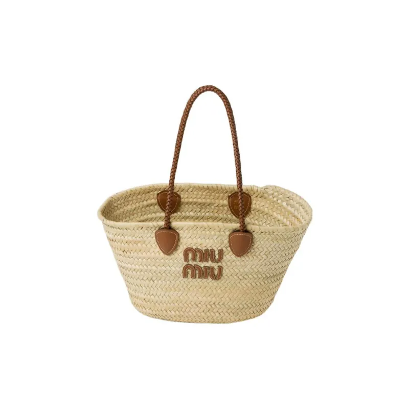 MIU MIU Wicker Tote Bag, Shopping Bag, Shoulder Bag, Handbag Women's Natural/Cognac-0