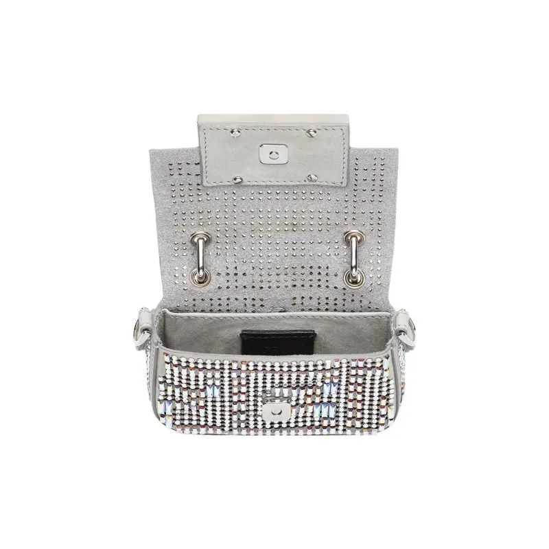 FENDI Baguette Calfskin With Crystal Shoulder Bag Crossbody Bag Handbag Extra Mini Women's Gray-3