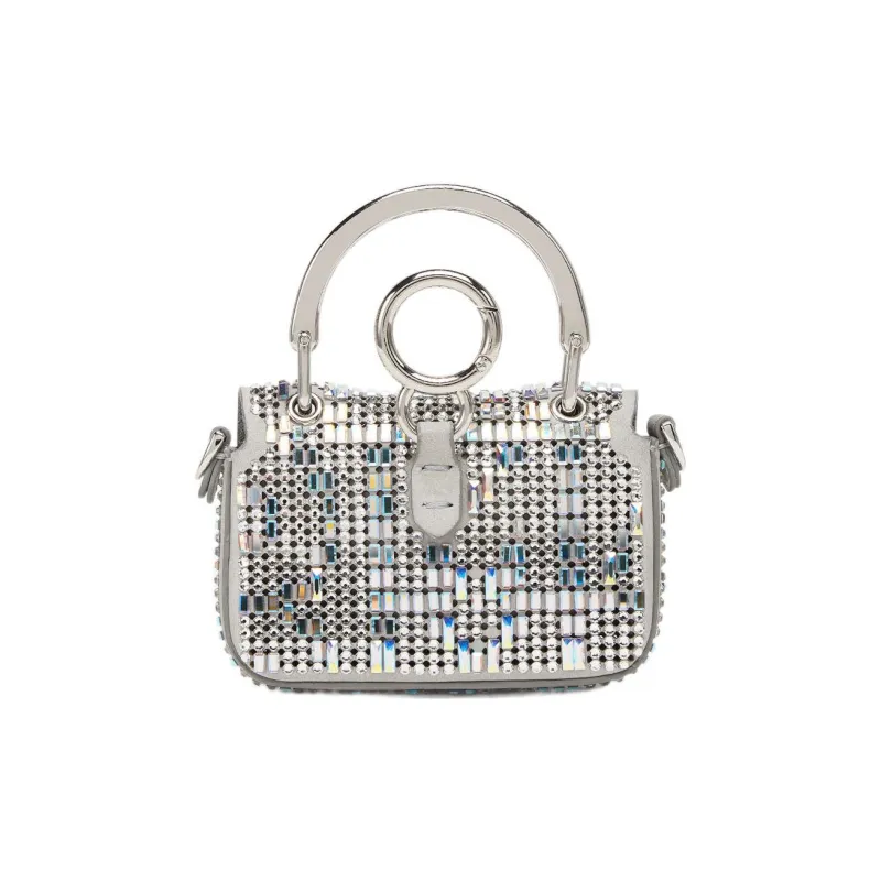 FENDI Baguette Calfskin With Crystal Shoulder Bag Crossbody Bag Handbag Extra Mini Women's Gray-2