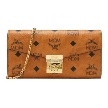 MCM Patricia Visetos Artificial Leather Handheld Shoulder Bag, Crossbody Bag, Wallet Large Size Women's Brown Cognac