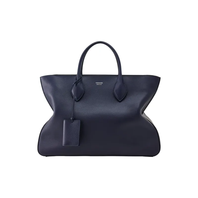 FERRAGAMO Cow Leather Tote Bag Shopping Bag Handbag Large Size Men's Blue-0