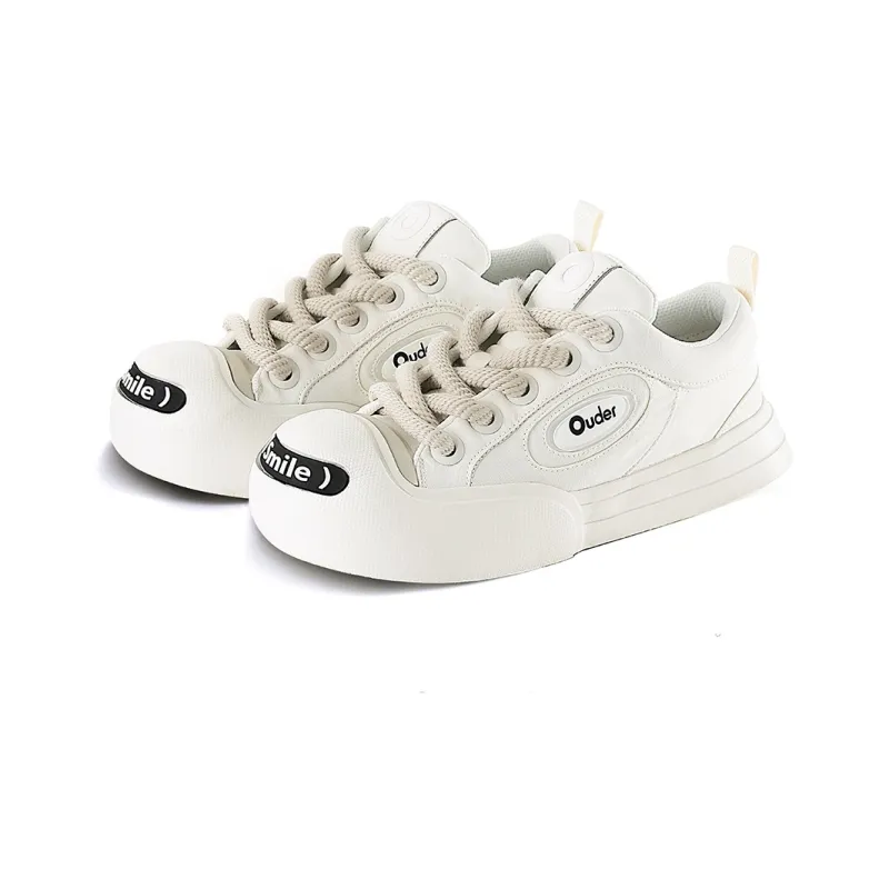 Ouder Smiler Laughs Series Classic Trendy Vintage Anti-Slip Wear-Resistant Low-Top Canvas Skateboard Shoes Unisex Ecru-2
