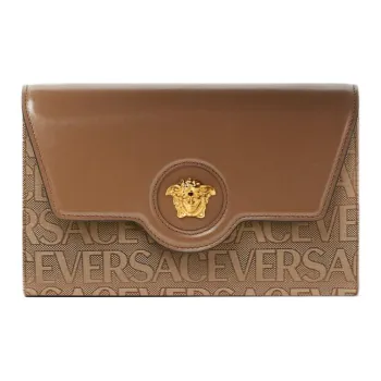 VERSACE La Medusa Cotton With Cow Leather Patchwork Shoulder Bag Crossbody Bag Women's Brown