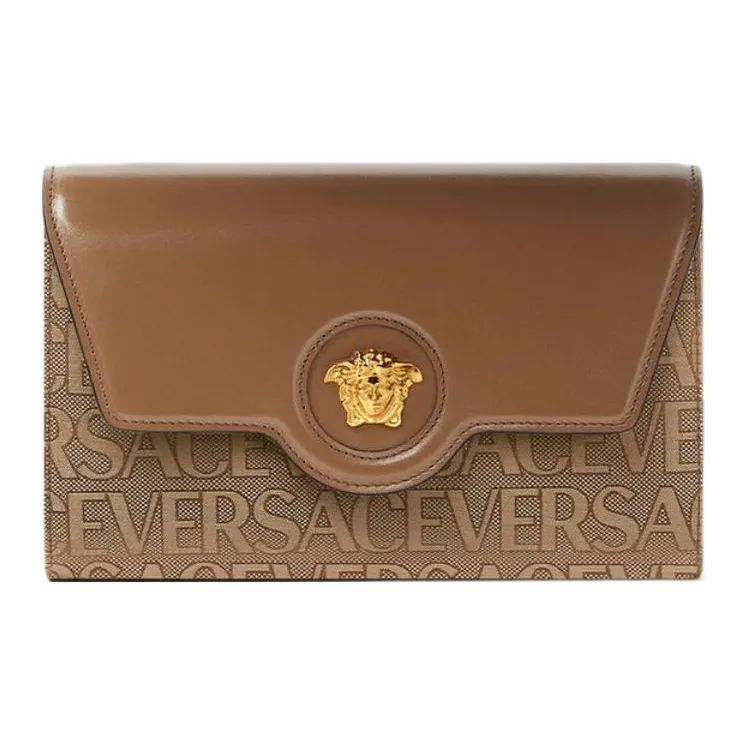 VERSACE La Medusa Cotton With Cow Leather Patchwork Shoulder Bag Crossbody Bag Women's Brown-0