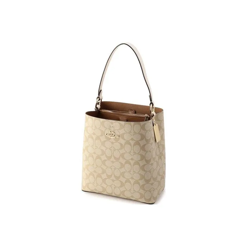 COACH Town Canvas With Leather Bucket Bag, Handbag, Shoulder Bag, Crossbody Bag Medium Size Women's Khaki White-1