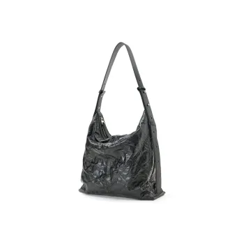 Omentar Cow Leather Synthetic Leather Pleated Tote Bag Shopping Bag Shoulder Bag Large Size Women's Black/White