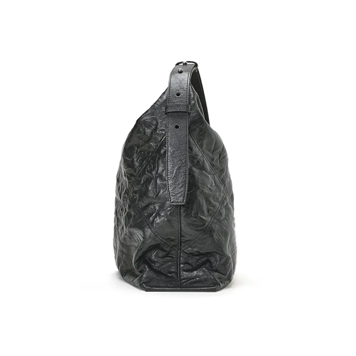 Omentar Cow Leather Synthetic Leather Pleated Tote Bag Shopping Bag Shoulder Bag Large Size Women's Black/White-3