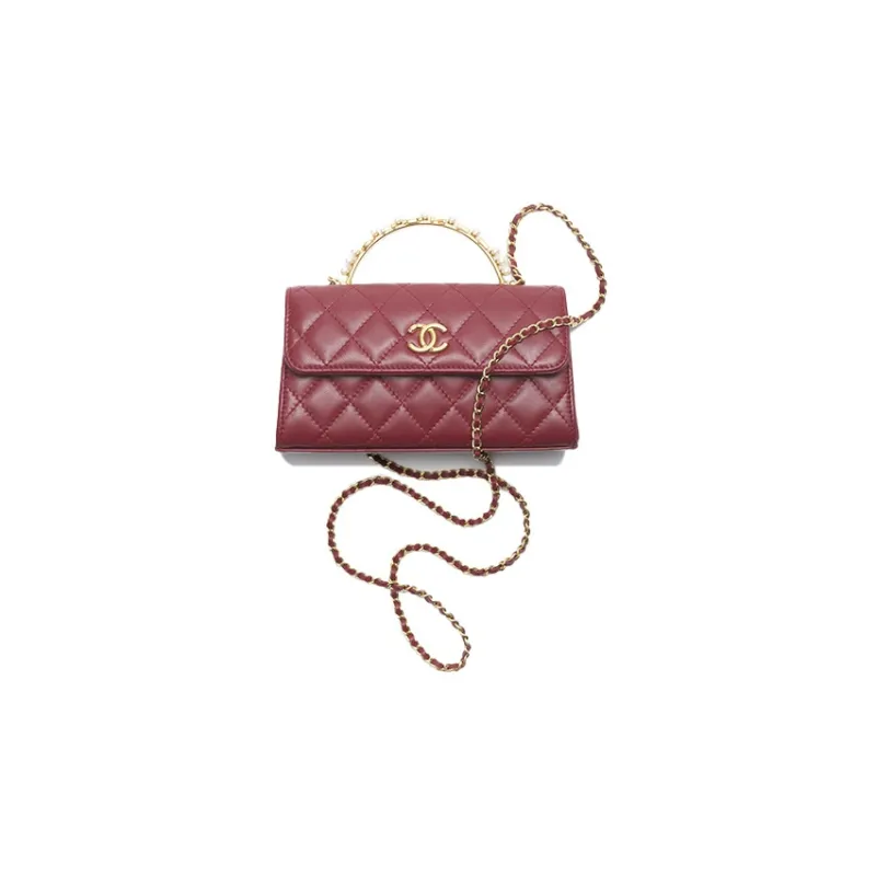 CHANEL Lambskin Cell Phone Pouch, Handbag, Shoulder Bag, Crossbody Bag Women's Burgundy-0
