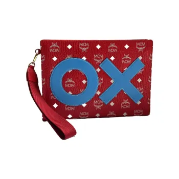 MCM Canvas With Leather Wristband Zip Closure Clutch Medium Size Women's Red