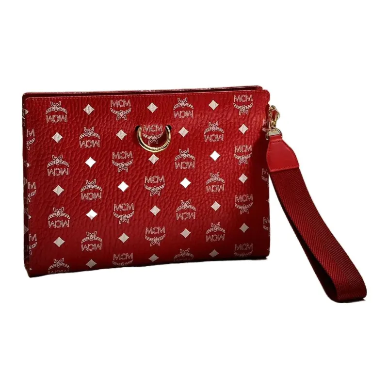 MCM Canvas With Leather Wristband Zip Closure Clutch Medium Size Women's Red-2