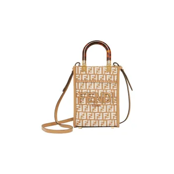 FENDI Sunshine Raffia Tote Bag Shopping Bag Shoulder Bag Crossbody Bag Handbag Mini Women's Brown/White