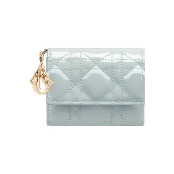 DIOR Lady Dior Patent Leather Calfskin Wallet Women's Light Blue
