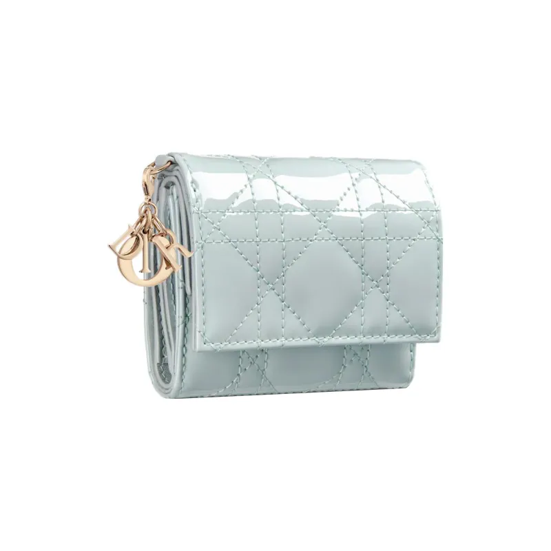 DIOR Lady Dior Patent Leather Calfskin Wallet Women's Light Blue-1