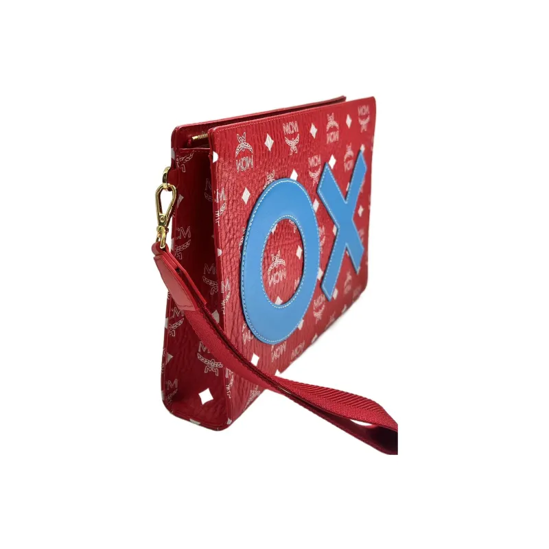 MCM Canvas With Leather Wristband Zip Closure Clutch Medium Size Women's Red-1