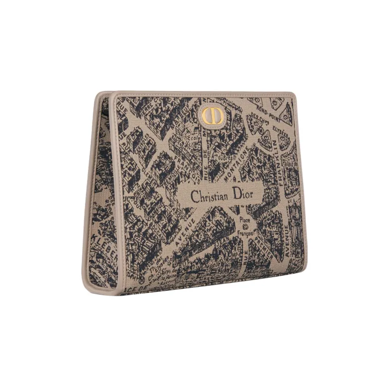 DIOR 30 Montaigne Jacquard Fabric Clutch Medium Size Women's Beige/Black-1