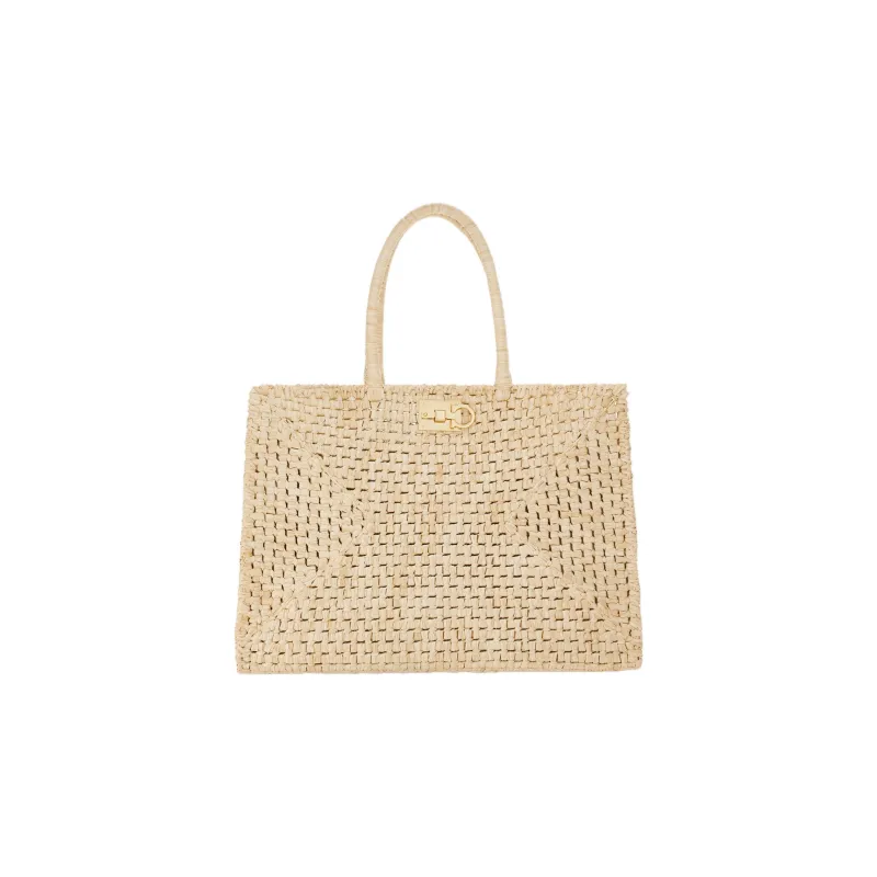 FERRAGAMO Studio Raffia With Calfskin Handbag Extra Large Women's Natural-2