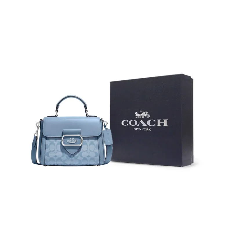 COACH Morgan Chambray Fabric With Cow Leather Handbag, Shoulder Bag, Crossbody Bag Trumpets Women's Light Blue-8