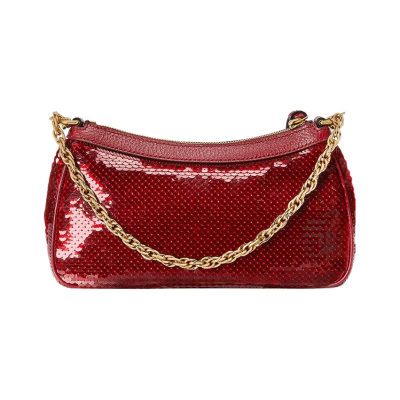 GUCCI Sequins Patchwork Leather Binding Crossbody Bag Shoulder Bag Small Size Women's Red-4