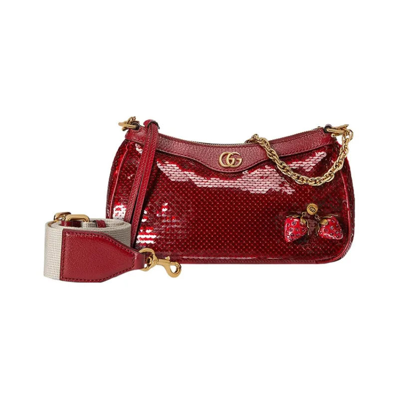 GUCCI Sequins Patchwork Leather Binding Crossbody Bag Shoulder Bag Small Size Women's Red-1