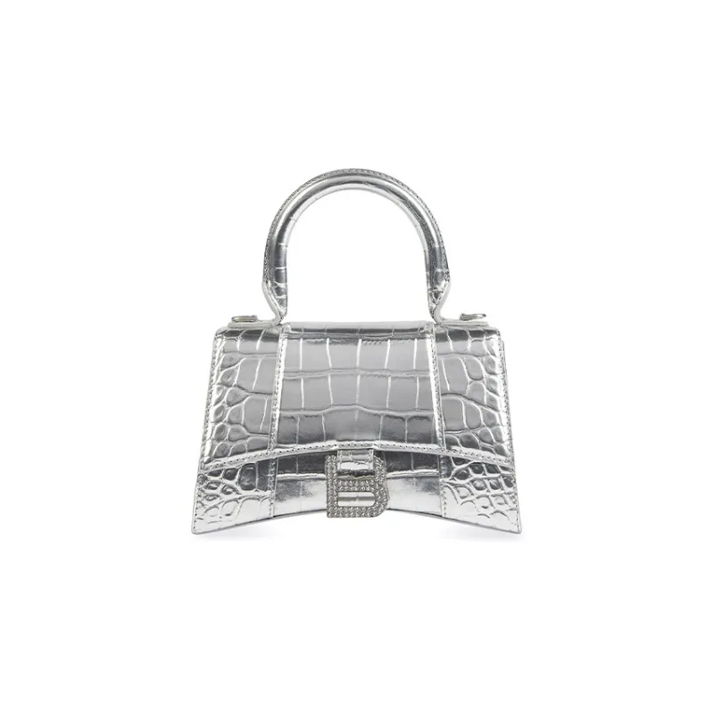 Balenciaga Hourglass Patent Leather Shoulder Bag Crossbody Bag Handbag Extra Small Women's Silver-0