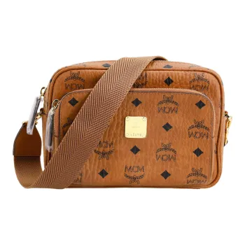 MCM Klassik Visetos Leather Camera Bag, Shoulder Bag, Crossbody Bag Trumpets Unisex Cognac