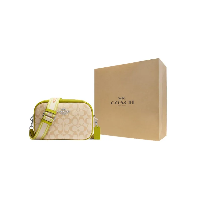 COACH Jamie Canvas With Leather Camera Bag Shoulder Bag Crossbody Bag Regular Women's Khaki With Lime Accents-6