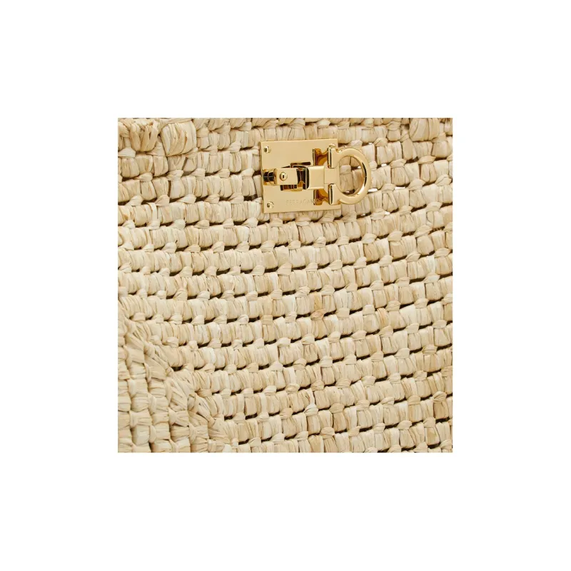 FERRAGAMO Studio Raffia With Calfskin Handbag Extra Large Women's Natural-4