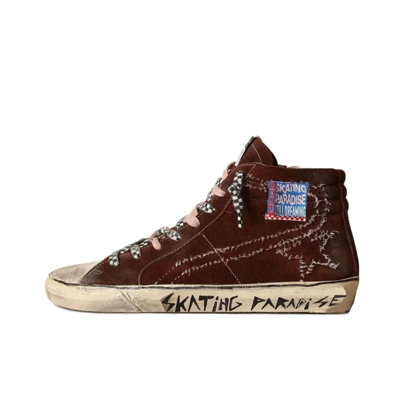 Golden Goose Slide High-Top Skateboard Shoes Men's Chocolate Vintage Version-0