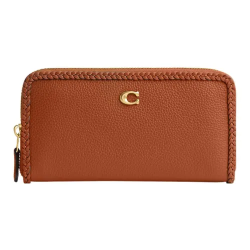 COACH Accordion Zip Leather Clutches Wallets Women's Caramel