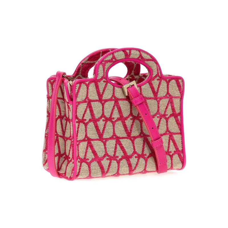 Valentino Sheepskin With Fabric Tote Shoulder Bags Handbags Mini Women's Fuchsia/Beige-1