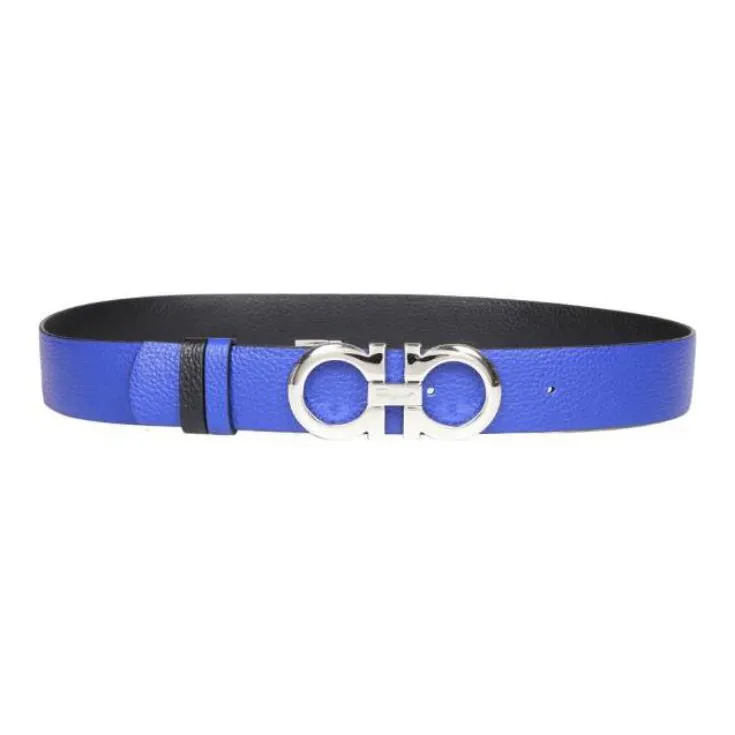 FERRAGAMO Classic Logo Decoration Smooth Buckle Calfskin Leather Belts Women's Blue-0