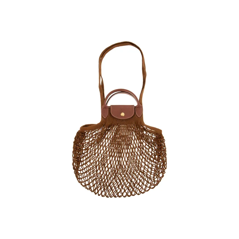 LONGCHAMP Le Pliage Filet Cotton With Cow Leather Handbag Large Size Women's Tobacco-1
