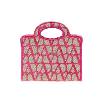 Valentino Sheepskin With Fabric Tote Shoulder Bags Handbags Mini Women's Fuchsia/Beige