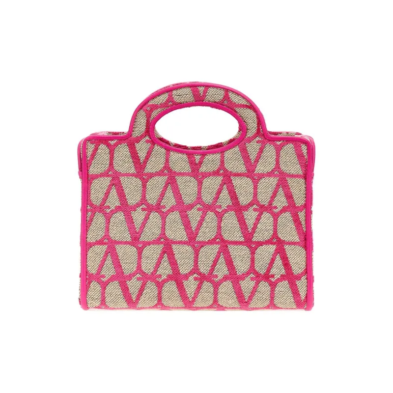 Valentino Sheepskin With Fabric Tote Shoulder Bags Handbags Mini Women's Fuchsia/Beige-0