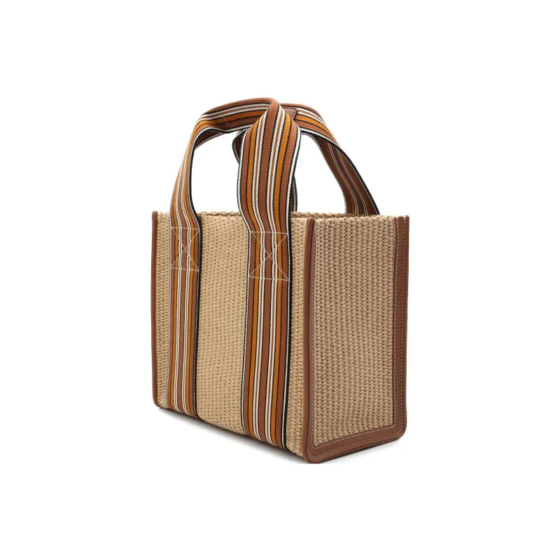 Loro Piana Cotton With Leather Tote Bag Shopping Bag Shoulder Bag Crossbody Bag Handbag Women's Light Brown-1