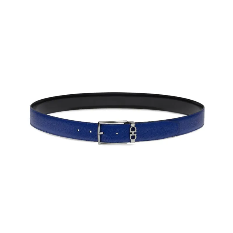 FERRAGAMO Solid Color Texture Pin Buckle Calfskin Leather Belts Men's Blue 3.5cm-0
