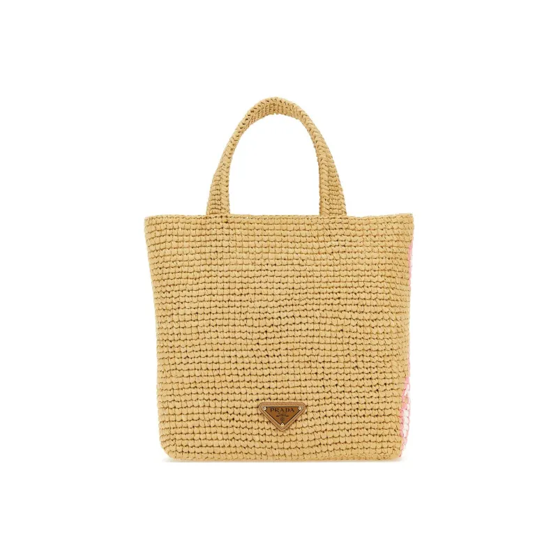 PRADA Raffia Tote Bag Shopping Bag Handbag Women's Khaki/Pink-2