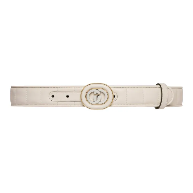 GUCCI Interlocking Buckle With Double G Logo And Smooth Buckle Leather Belts Women's White 3.5CM-0
