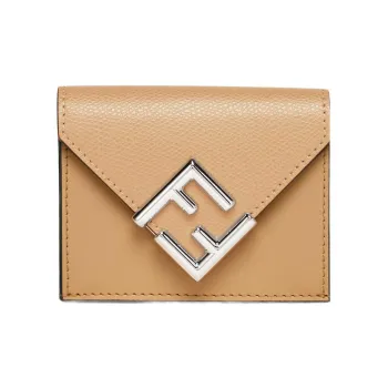 FENDI FF Diamonds Series Calfskin Money Clip Card Holder Wallet Medium Size Women's Beige/Brown