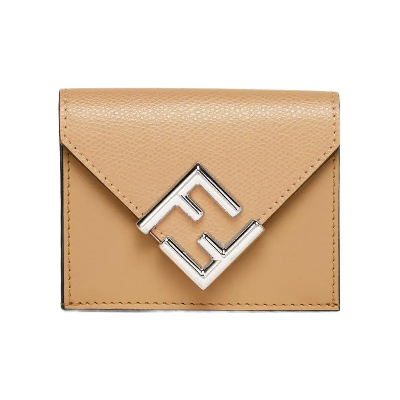 FENDI FF Diamonds Series Calfskin Money Clip Card Holder Wallet Medium Size Women's Beige/Brown-0