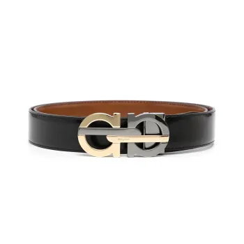 FERRAGAMO Carved Logo Smooth Buckle Leather Belts Men's Black Width 3.5cm