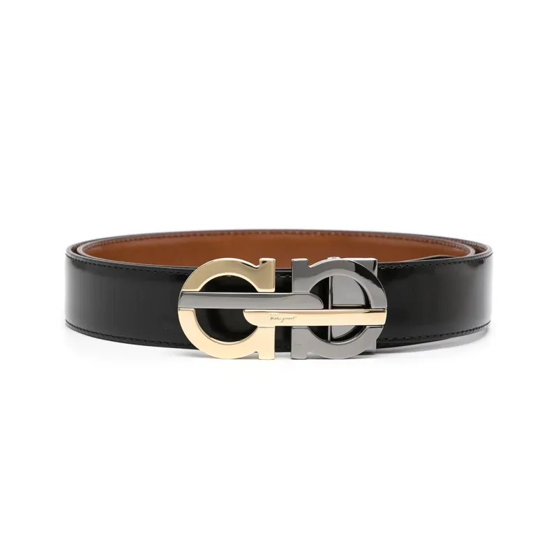 FERRAGAMO Carved Logo Smooth Buckle Leather Belts Men's Black Width 3.5cm-0