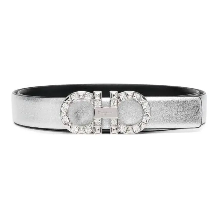 FERRAGAMO Textured Decoration Leather Belts Women's Silver Width: 2.5cm-0