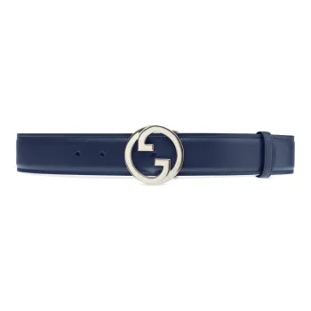 GUCCI Blondie Side Badge Smooth Buckle Leather Belts Women's Blue Width: 4cm