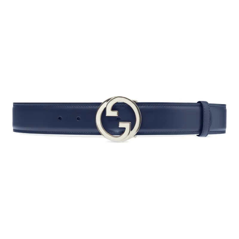 GUCCI Blondie Side Badge Smooth Buckle Leather Belts Women's Blue Width: 4cm-0