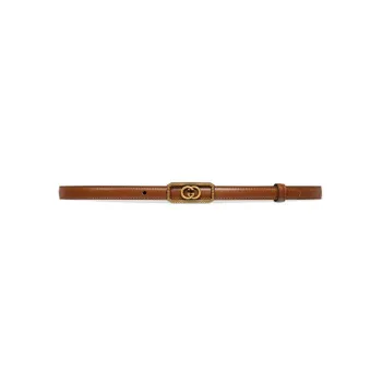 GUCCI Interlocking Buckle Double G Narrow Version With Buckle Leather Belts Women's Brown Width 1.5CM