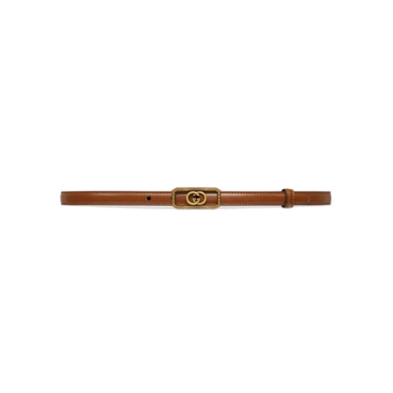 GUCCI Interlocking Buckle Double G Narrow Version With Buckle Leather Belts Women's Brown Width 1.5CM-0