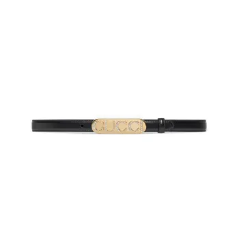 GUCCI Crystal Gucci Belt With Slim Buckle Smooth Closure Leather Belts Women's Black Width  2CM