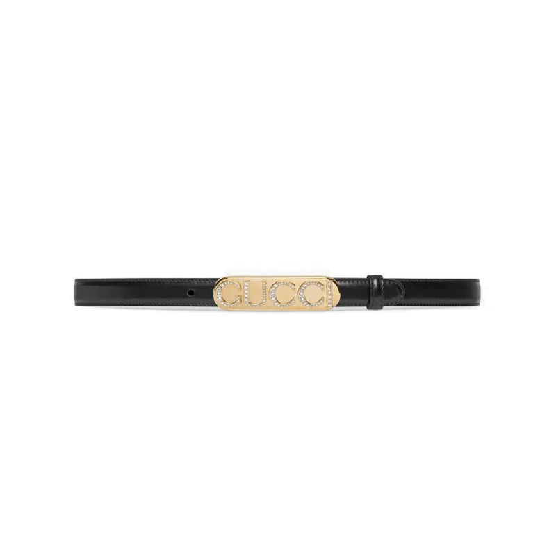 GUCCI Crystal Gucci Belt With Slim Buckle, Smooth Closure Leather Belts Women's Black Width 2CM-0